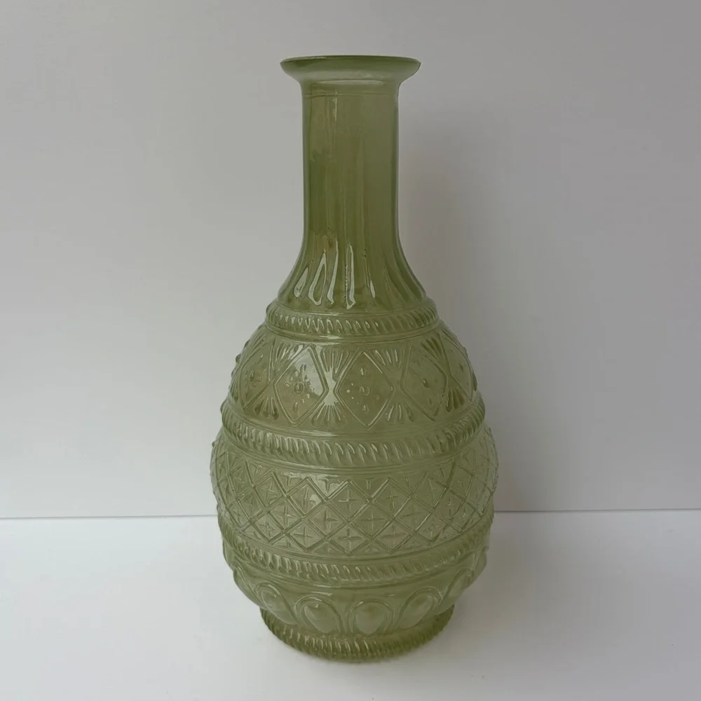 VTG Green Vase Boho Chic Glass Bottle No Stopper 60s